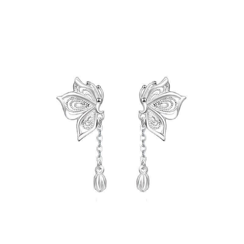 Women'S S999 Silver Sweet Tassel New Butterfly Earrings