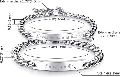 2Pcs CZ His and Hers Couple Bracelets Set, Adjustable Titanium Stainless Steel Always & Forever Forever & Always Love Matching Bracelet Link Jewelry Set