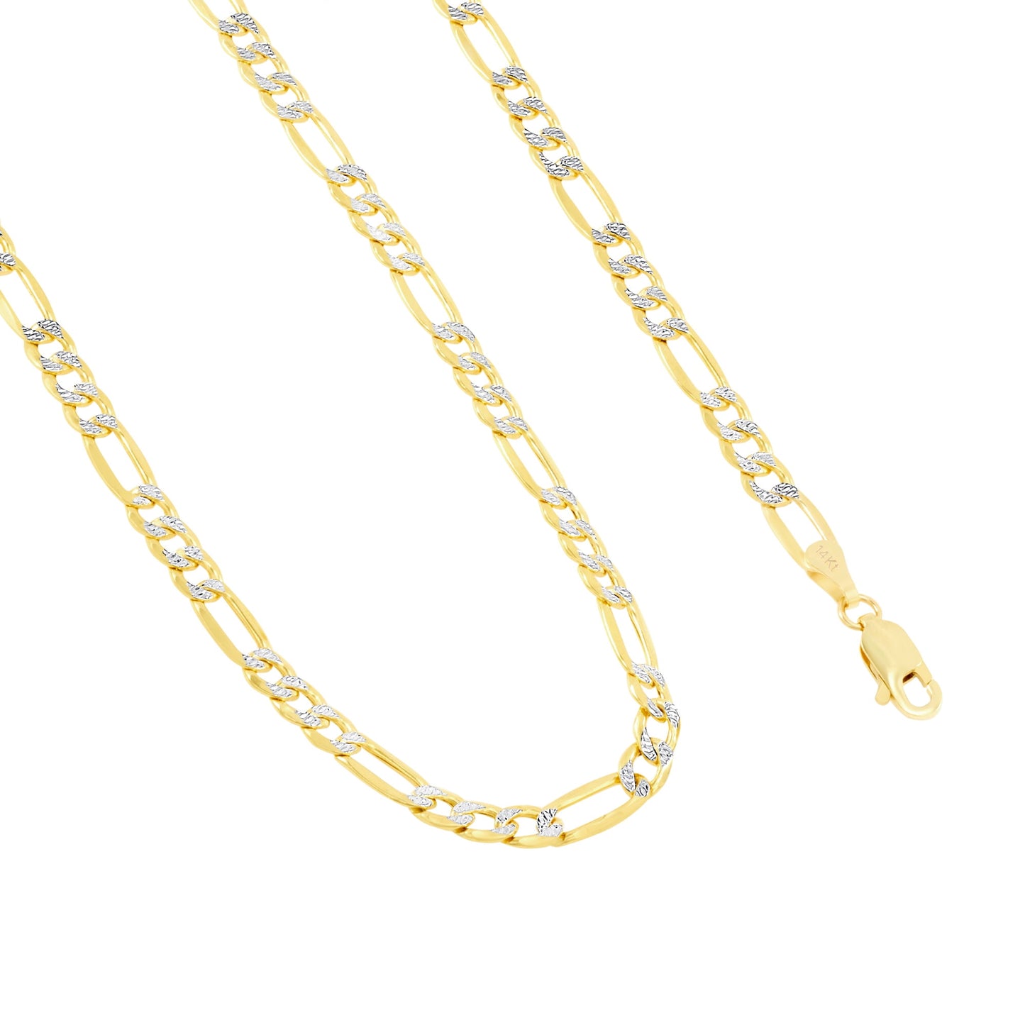 14K Real Yellow Gold Figaro Link 4.5Mm Diamond Cut Pave Chain Bracelet (7"-9") Two Tone Italian Jewelry for Men & Women