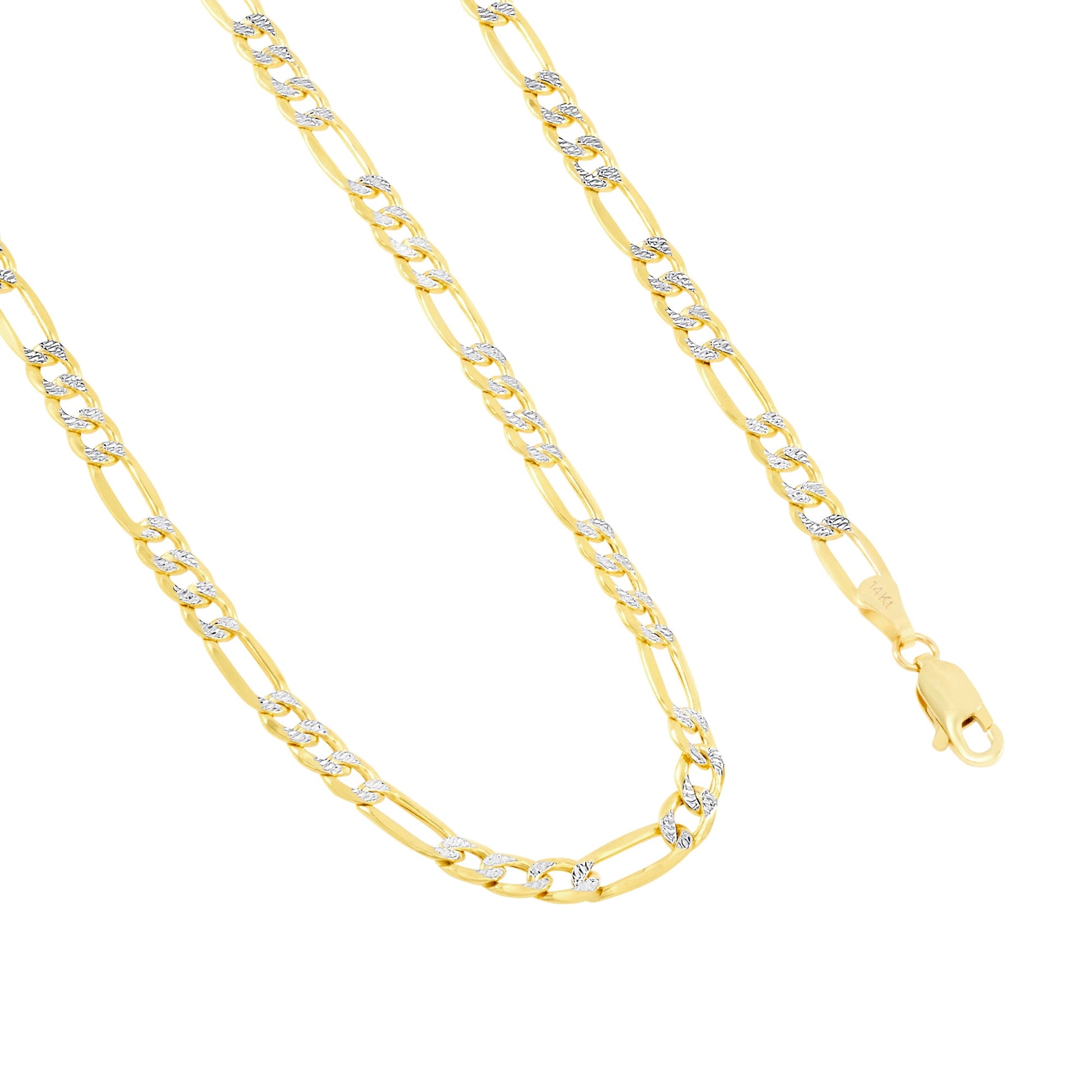 14K Real Yellow Gold Figaro Link 4.5Mm Diamond Cut Pave Chain Bracelet (7"-9") Two Tone Italian Jewelry for Men & Women