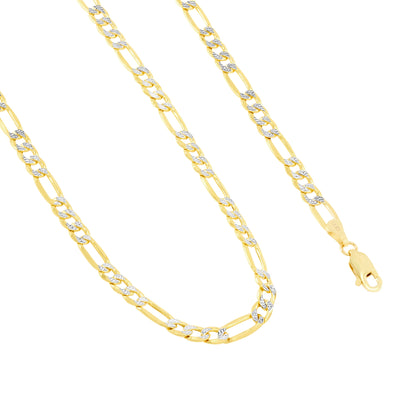 14K Real Yellow Gold Figaro Link 4.5Mm Diamond Cut Pave Chain Bracelet (7"-9") Two Tone Italian Jewelry for Men & Women