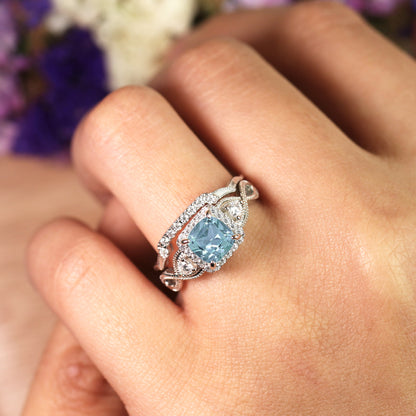 Filigree 1.75 Carat Princess Cut Created Aquamarine and Moissanite Wedding Ring Set in 18K White Gold over Silver