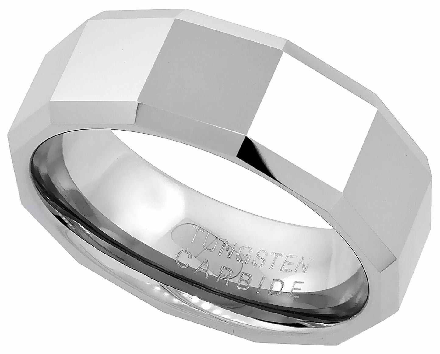 Tungsten Carbide Ring Men Wedding Band Faceted Large Square Beveled Edge 8Mm