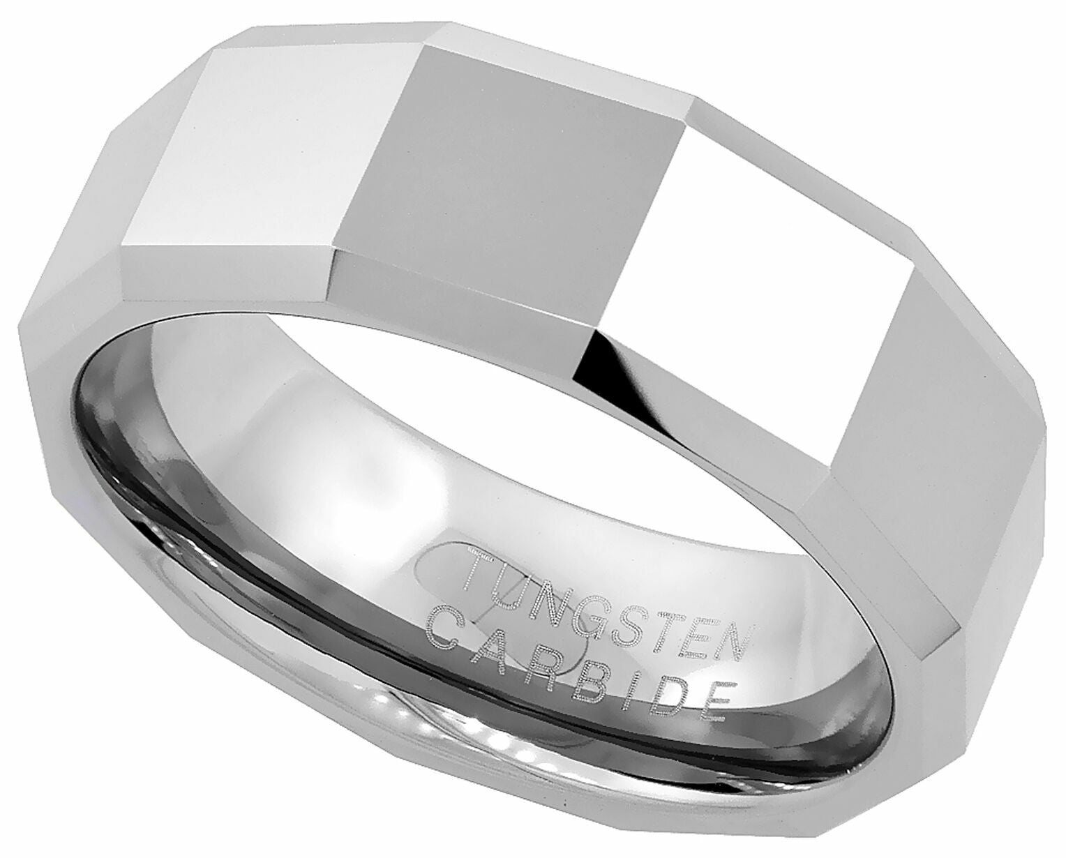 Tungsten Carbide Ring Men Wedding Band Faceted Large Square Beveled Edge 8Mm