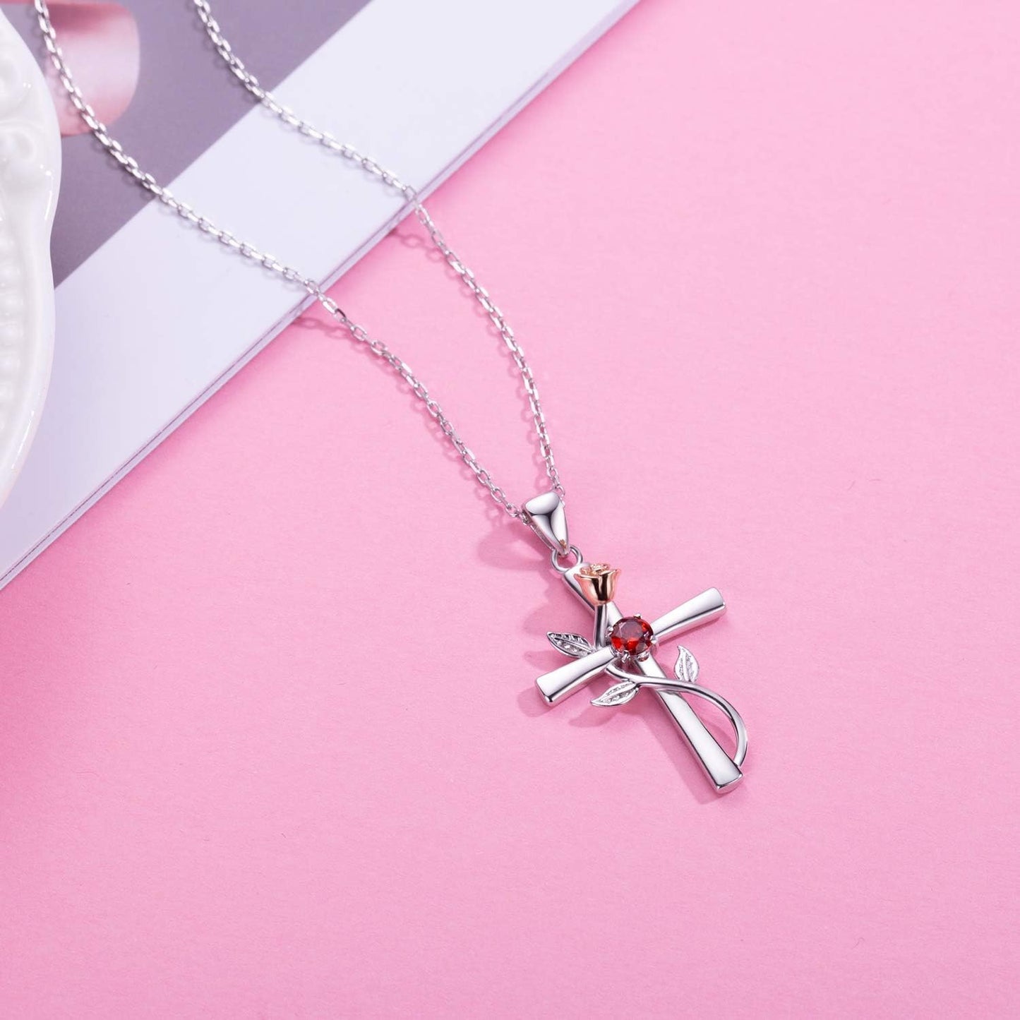 Cross Necklace for Women 925 Sterling Silver Birthstone Necklace for Womens Cross Pendant 5A Cubic Zirconia 12 Birth Months Birthday Gifts for Women Wife Her