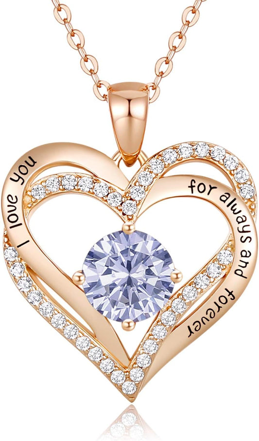Forever Love Heart Necklaces for Women, Wedding Anniversary, Birthday Mothers Day Gifts for Mom, Mother, Wife, Girlfriend, S925 Silver Jewelry with Birthstone Pendant