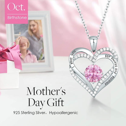 Forever Love Heart Necklaces for Women, Wedding Anniversary, Birthday Mothers Day Gifts for Mom, Mother, Wife, Girlfriend, S925 Silver Jewelry with Birthstone Pendant