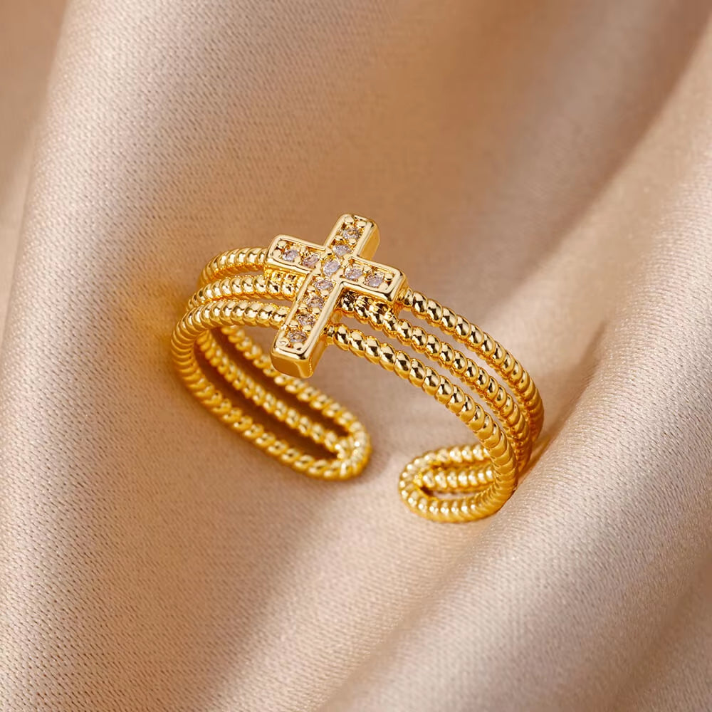 New in Zircon Cross Rings for Women Adjustable Stainless Steel Cross Ring Femme Design Luxury Wedding Jewerly Gift 2025 Anillos