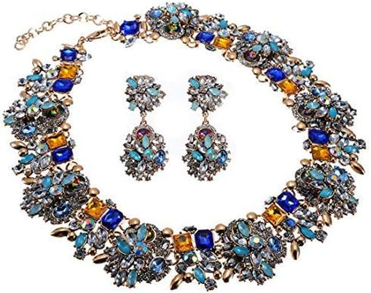 Vintage Crystal Rhinestone Statement Choker Bib Statement Necklace Earring Fashion Costume Jewelry Set for Women