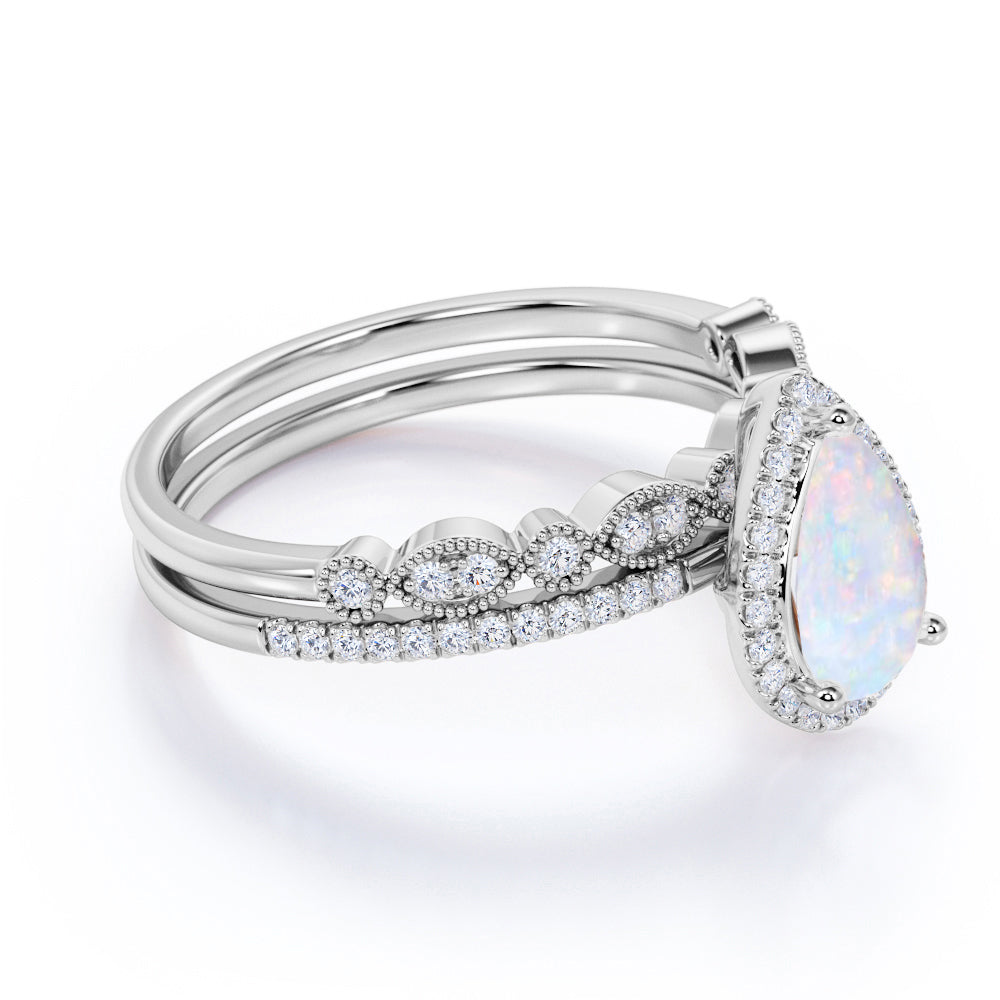 1.5 Ct Vintage Teardrop Blue Opal and Moissanite Wedding Ring Set in 18K White Gold over Silver