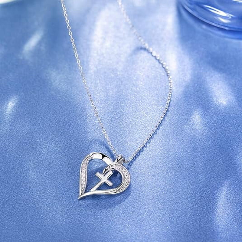 S925 Sterling Silver Cross Necklace Heart Necklaces for Women Cross Chain Jewelry Gifts （With Gift Box)