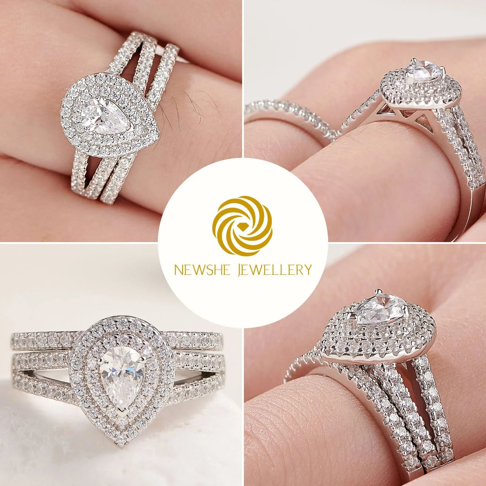 Newshe Wedding Rings for Women Engagement Ring Set 925 Sterling Silver 1.3Ct Pear White Cz Size 9