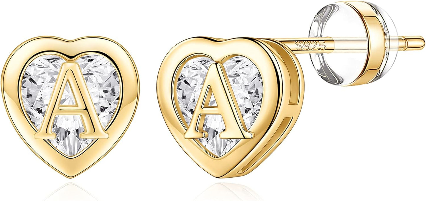 Heart Stud Earrings for Girls Women, S925 Sterling Silver Studs Hypoallergenic Earrings CZ Heart Earrings Initial Earringsfor Teen Girls Kids Jewelry for Girls Gifts