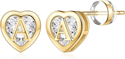 Heart Stud Earrings for Girls Women, S925 Sterling Silver Studs Hypoallergenic Earrings CZ Heart Earrings Initial Earringsfor Teen Girls Kids Jewelry for Girls Gifts