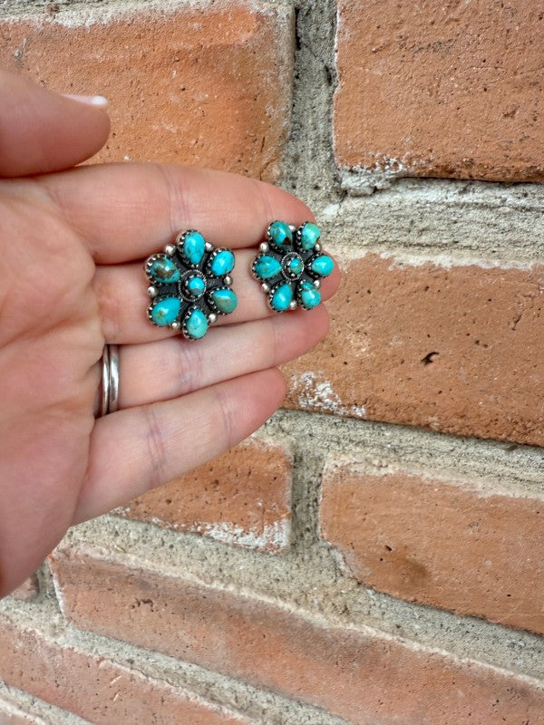Handmade Flower Cluster Sterling Silver & Turquois