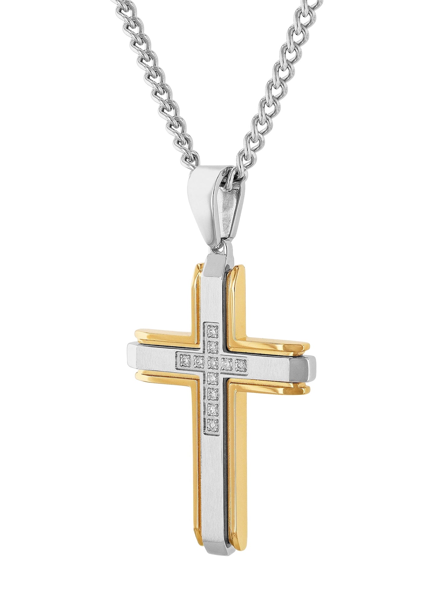 Mens 1/4 Ctw Lab-Grown Diamond Two-Tone Stainless Steel Cross Pendant Necklace