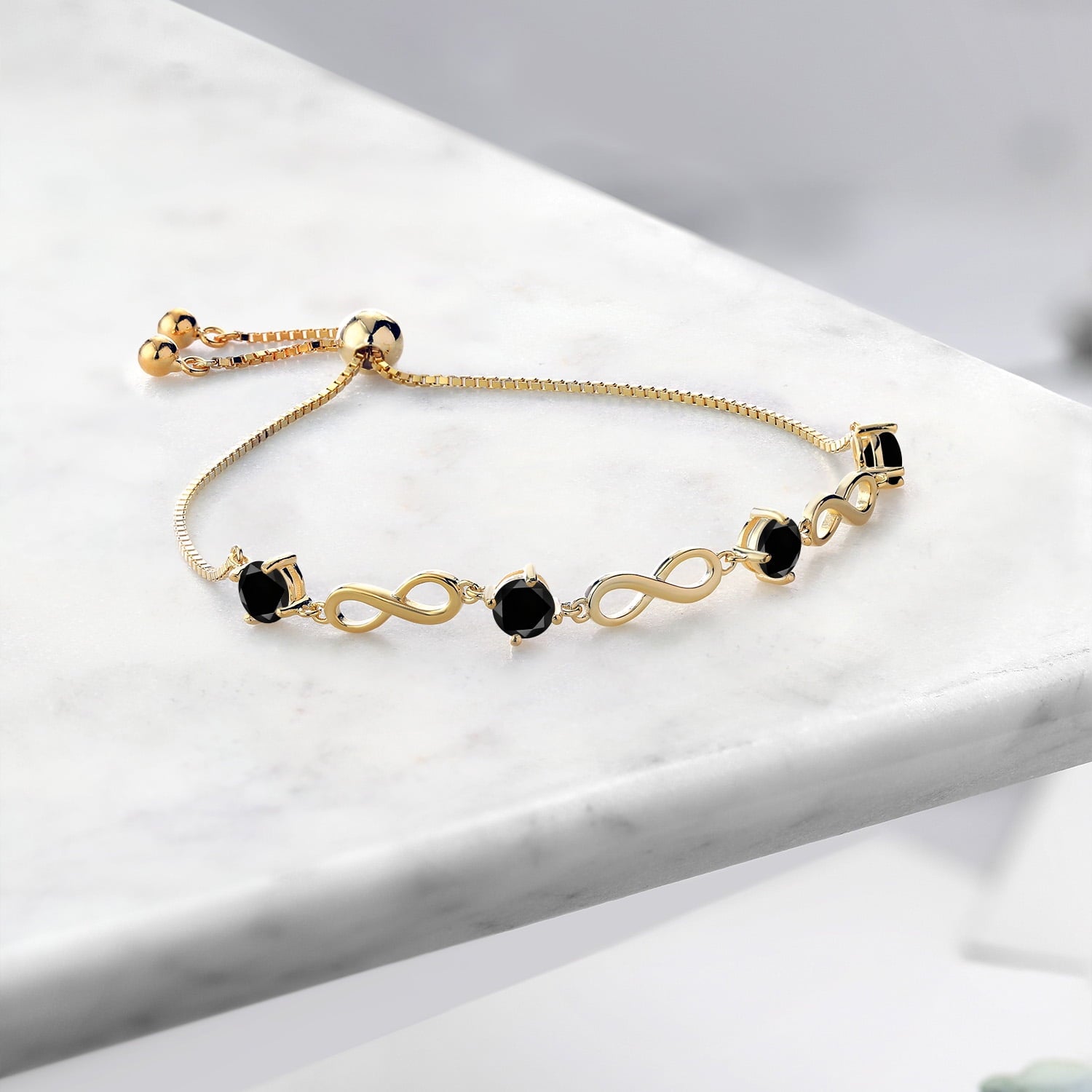 2.20 Ct round Black Diamond 18K Yellow Gold Plated Silver Keren Hanan Women Adjustable Infinity Tennis Bracelet