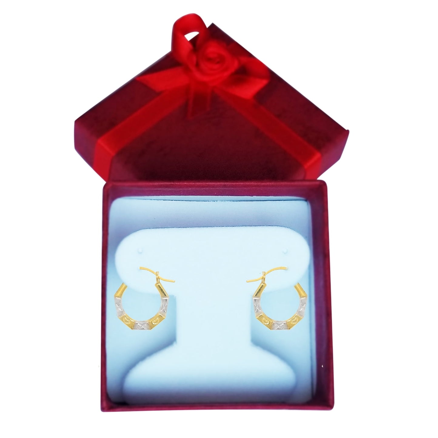14K Yellow White Gold Tubular Octagonal "X" Heart Hoop Earrings