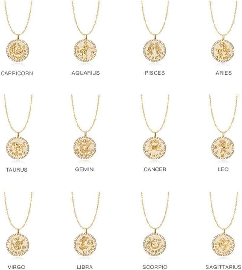 Constellation Necklace Pendant 14K Gold-Plated Hammered round Disc Engraved Zodiac Sign Pendant 16.9’’ Adjustable Dainty Necklace Mothers Gifts for Her