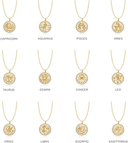 Constellation Necklace Pendant 14K Gold-Plated Hammered round Disc Engraved Zodiac Sign Pendant 16.9’’ Adjustable Dainty Necklace Mothers Gifts for Her