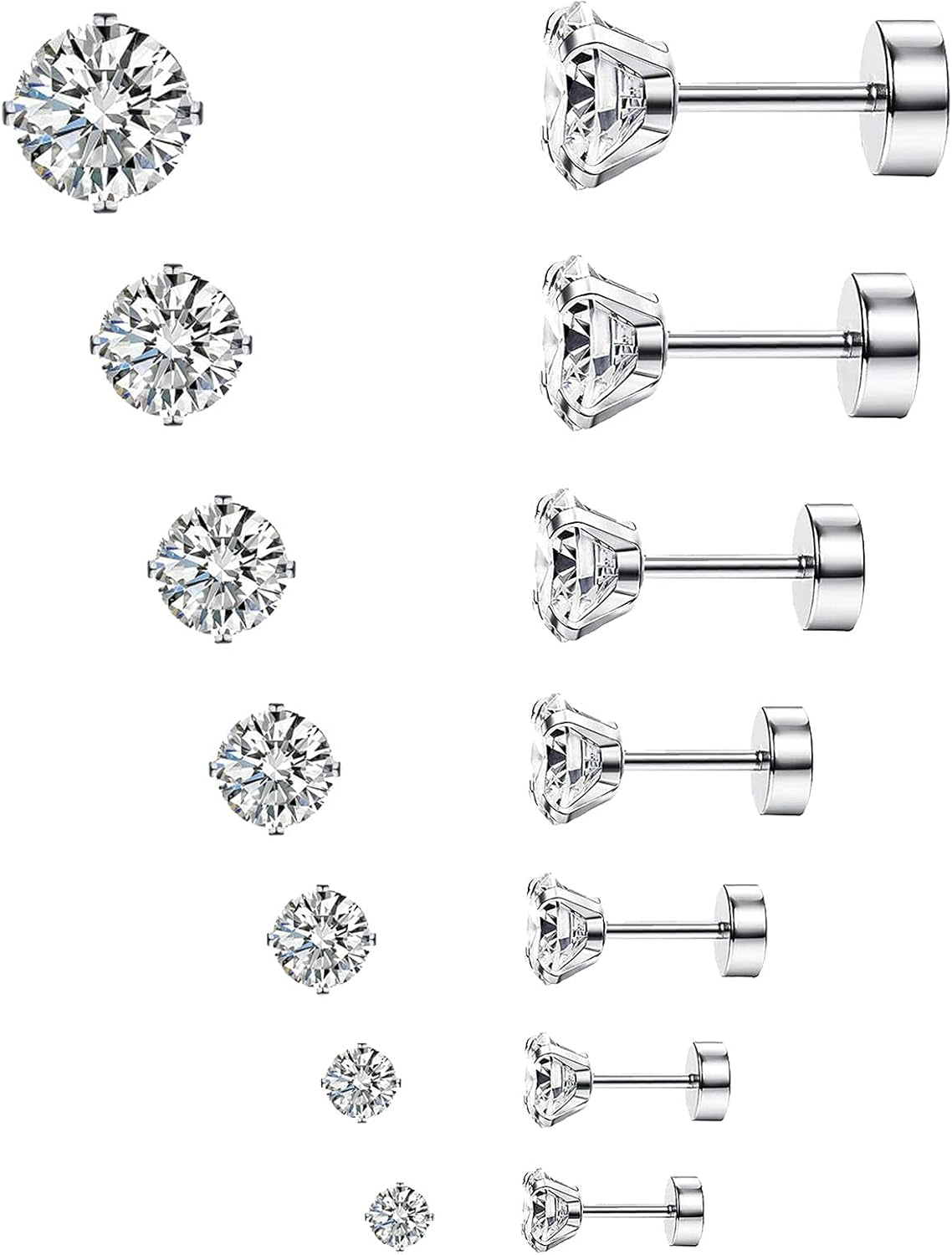 Hypoallergenic Flat Back Earrings for Women & Men, 7 Pairs Stainless Steel Stud Earrings with Flat Backs, Screw Back Cartilage Earrings Set with CZ for Sensitive Ears