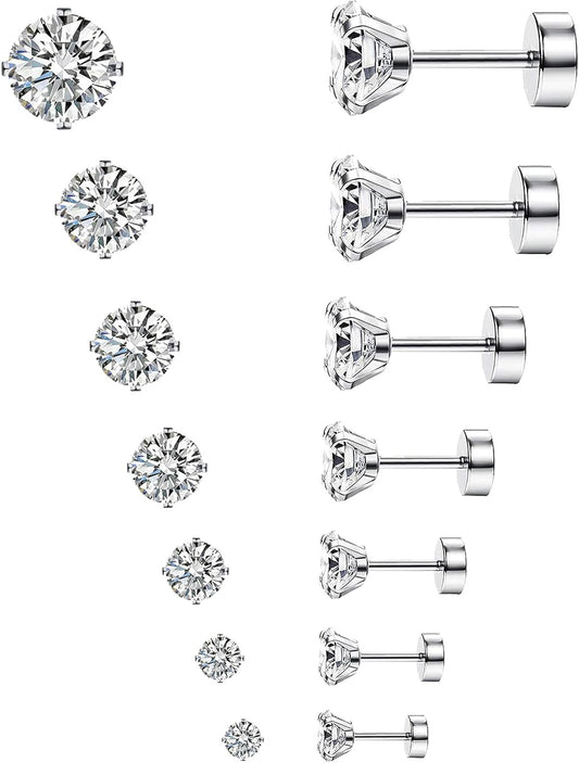 Hypoallergenic Flat Back Earrings for Women & Men, 7 Pairs Stainless Steel Stud Earrings with Flat Backs, Screw Back Cartilage Earrings Set with CZ for Sensitive Ears