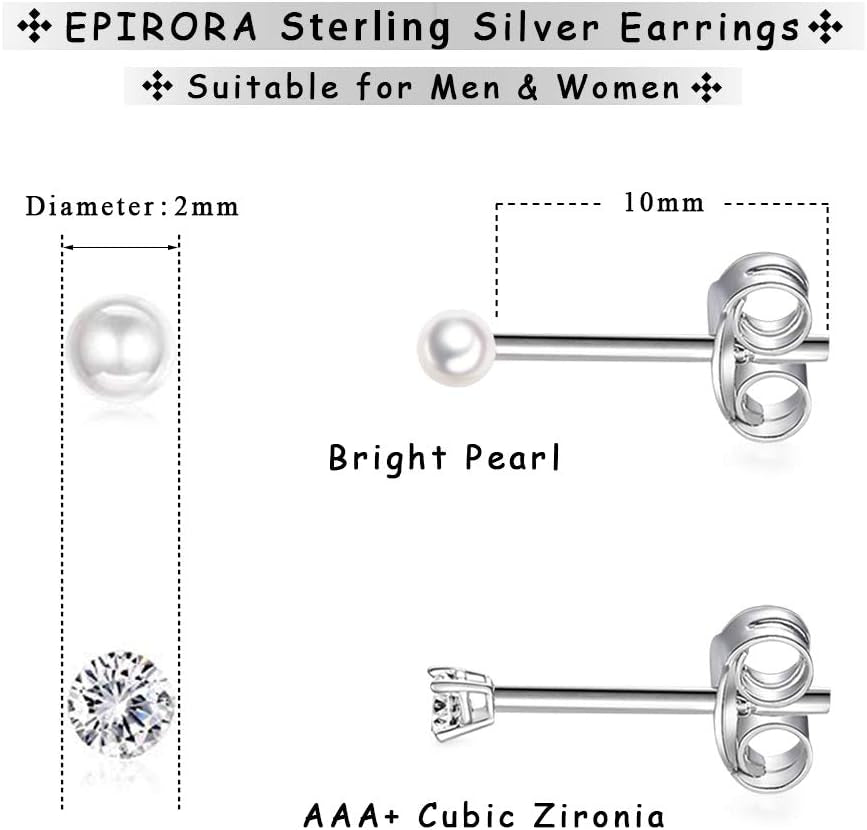 Sterling Silver Stud Earrings for Women- 2 Pairs of Small Cartilage Tragus Stud Earrings Set, 2Mm Tiny Cubic Zirconia Earrings round Ball Earrings & Pearl Earrings