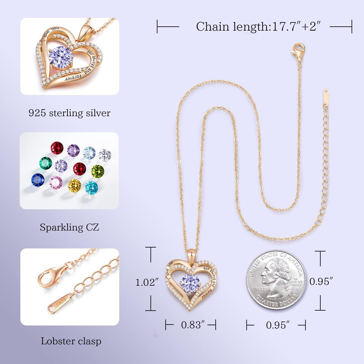 Forever Love Heart Necklaces for Women, Wedding Anniversary, Birthday Mothers Day Gifts for Mom, Mother, Wife, Girlfriend, S925 Silver Jewelry with Birthstone Pendant