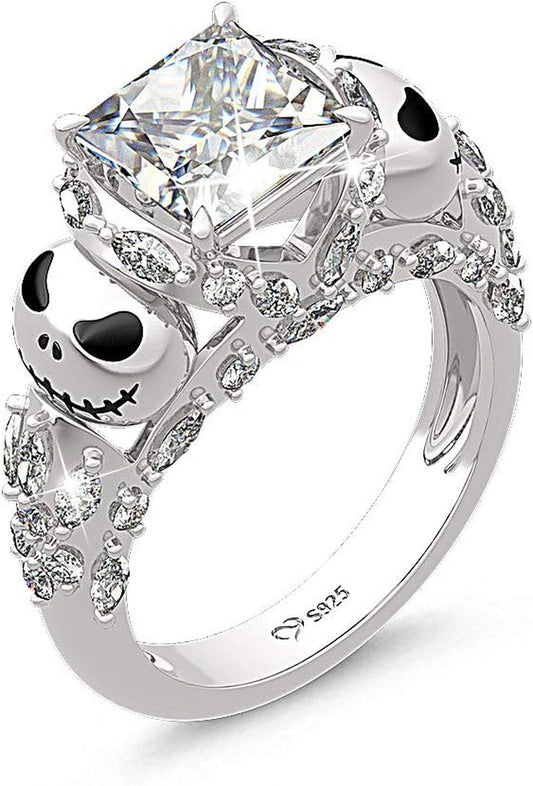 Jack Rings Women Nightmare before Christmas Skull Rings 925 Sterling Silver Princess Cut Band Ring Anniversary Promise Romantic Christmas Gifts for Her