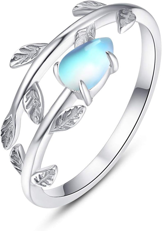 925 Sterling Silver Leaf Ring White Opal Moonstone Rings Adjustable Open Ring for Women with Jewelry Box Size 7-9