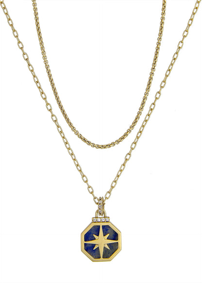 14KT Gold Flash Plated Double Necklace Set with Genuine Stone Adult