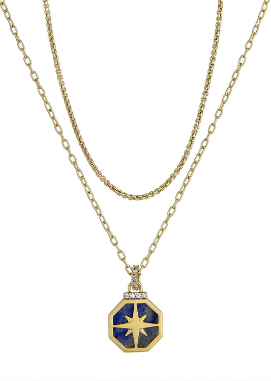 14KT Gold Flash Plated Double Necklace Set with Genuine Stone Adult