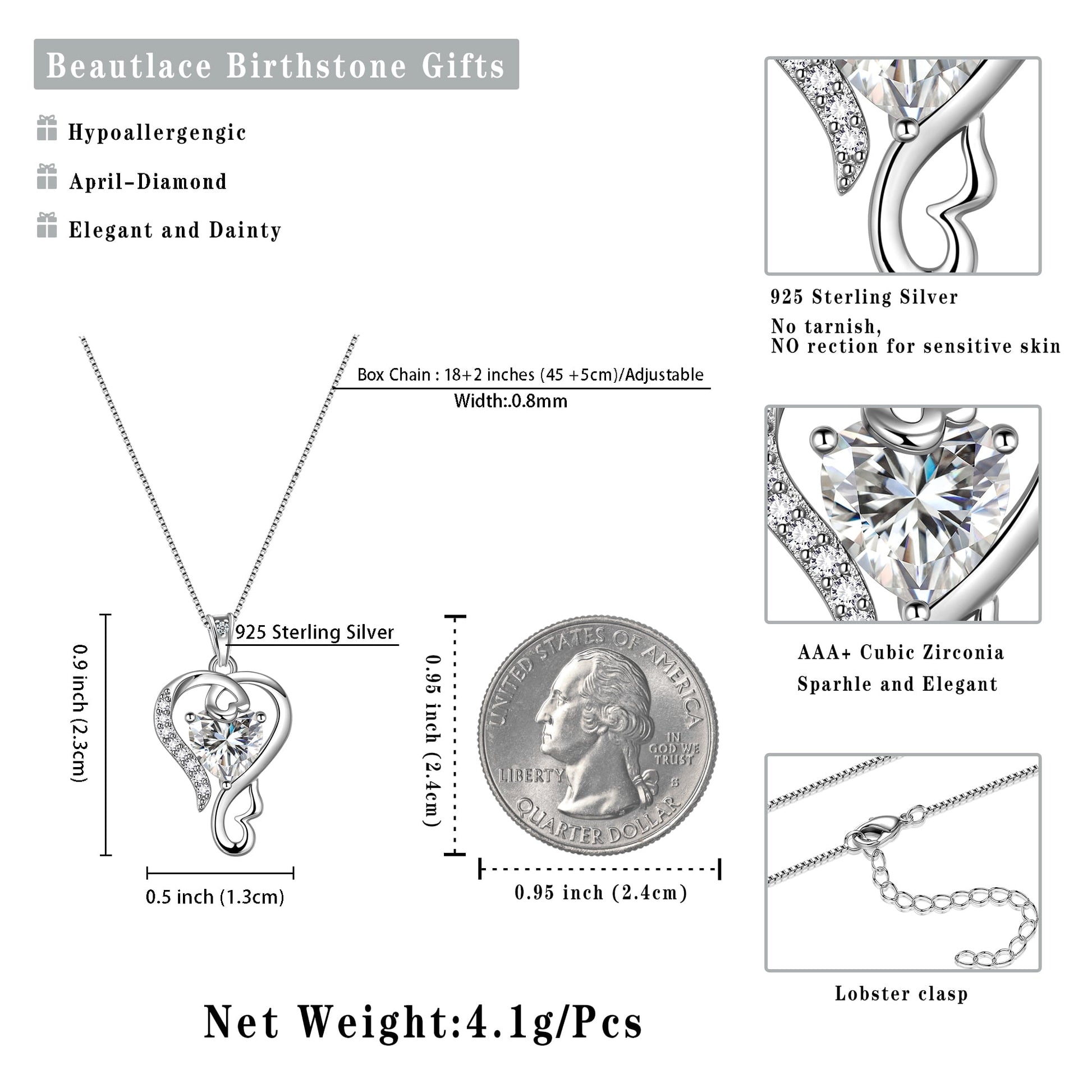 925 Sterling Silver Love Heart Necklace April Birthstone Pendant,Jewelry Birthday Christmas Valentine Mother'S Day Gifts for Women Mom