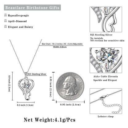 925 Sterling Silver Love Heart Necklace April Birthstone Pendant,Jewelry Birthday Christmas Valentine Mother'S Day Gifts for Women Mom