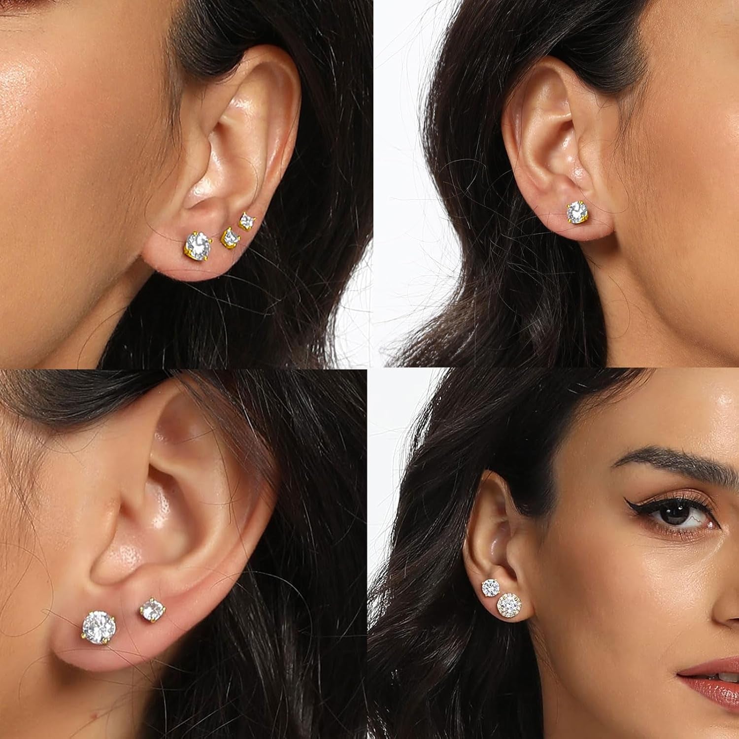 5 Pairs Stud Earrings Sets 3-7MM 18K Gold Plated Round/Cushion/Asscher/Emerald Cut Cubic Zirconia Earring Hypoallergenic Stud Earrings for Women Men