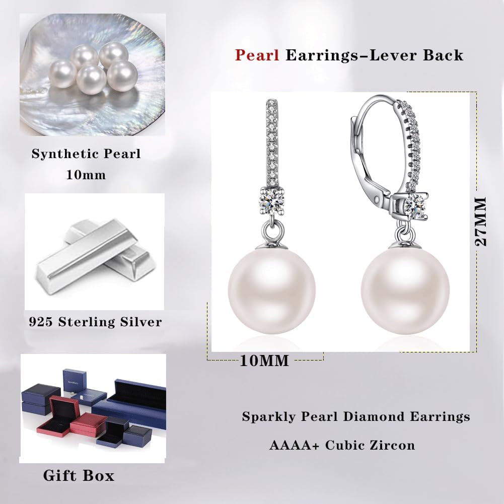 Pearl Dangle Earrings 925 Sterling Silver Pearl Earrings for Women 10Mm White/Black Pearls