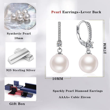Pearl Dangle Earrings 925 Sterling Silver Pearl Earrings for Women 10Mm White/Black Pearls