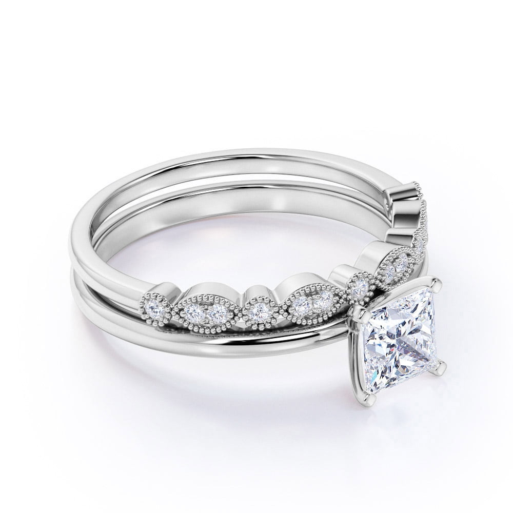 1.5 Carat Art Deco Princess Cut Moissanite Wedding Ring Set in 18K White Gold over Silver