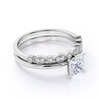 1.5 Carat Art Deco Princess Cut Moissanite Wedding Ring Set in 18K White Gold over Silver