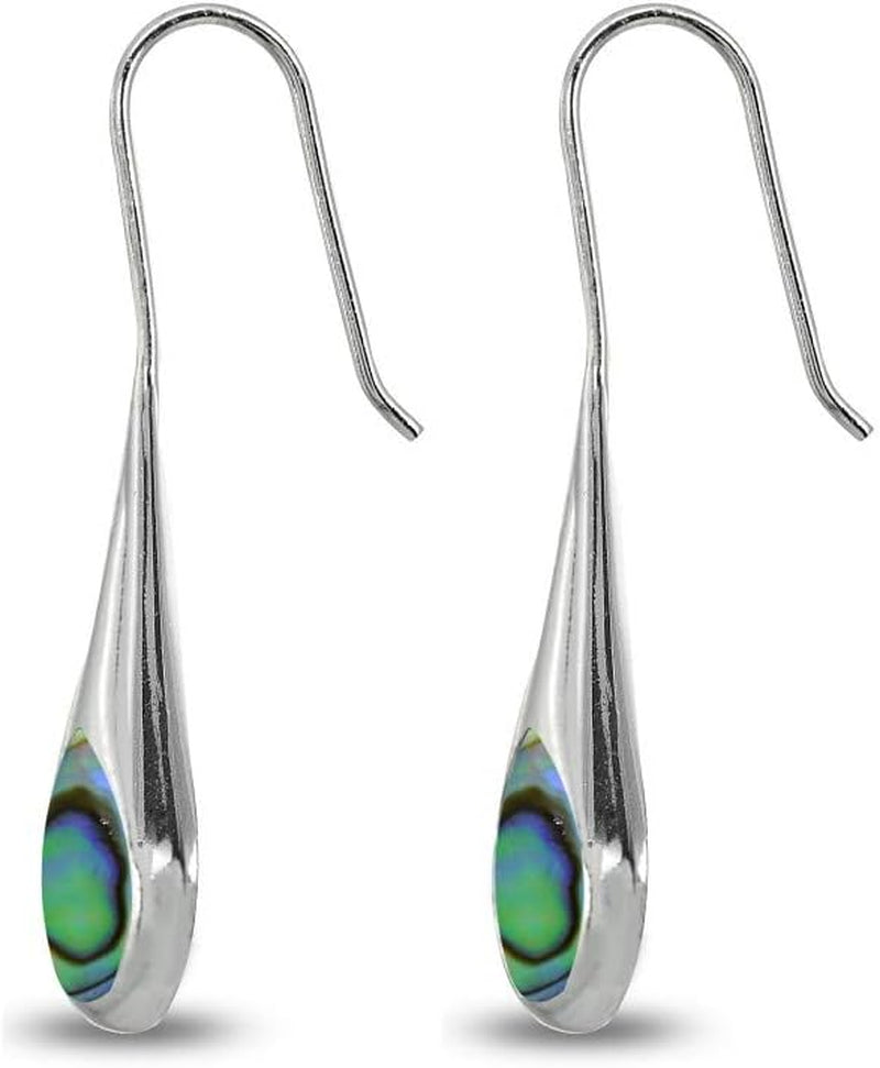 Sterling Silver Long Pear Shape Drop Earrings, Abalone, Simulated Turquoise or Mother of Pearl