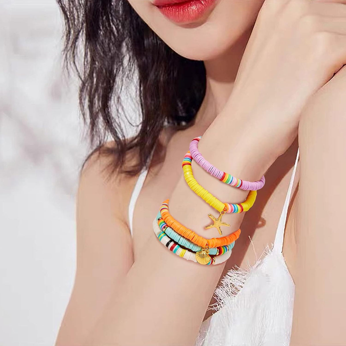 Heishi Surfer Bracelets Clay Beads Flat Stretch Bohemian Bracelet for Women