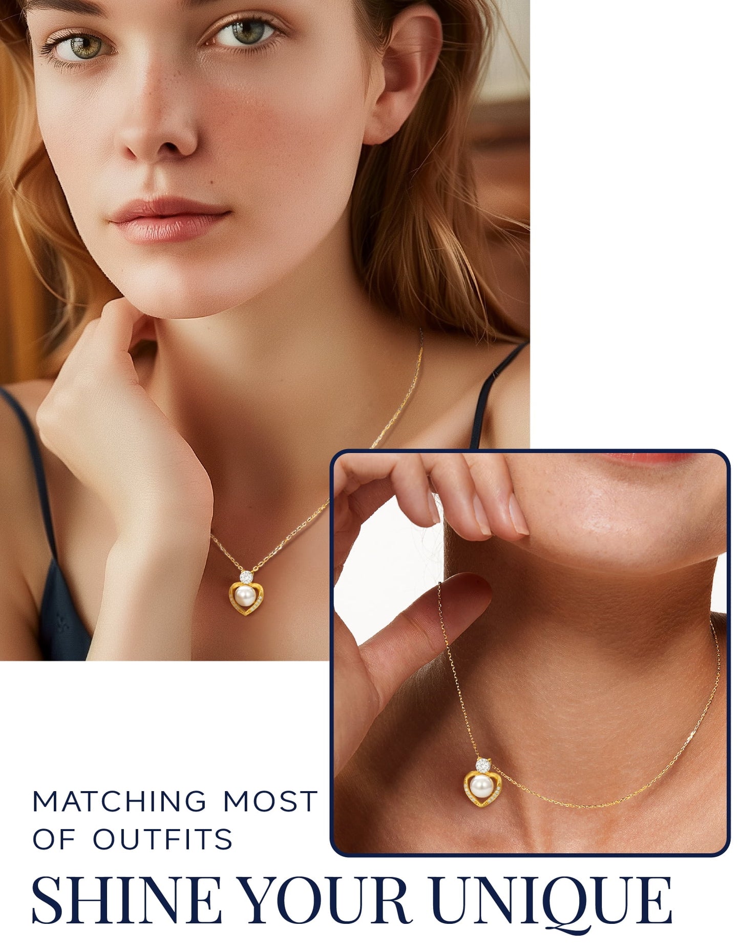 14K Gold Plated Silver Pearl Pendant Necklace,Round Cut Simulated Diamond Heart Necklace Anniversary Wedding Gift for Her