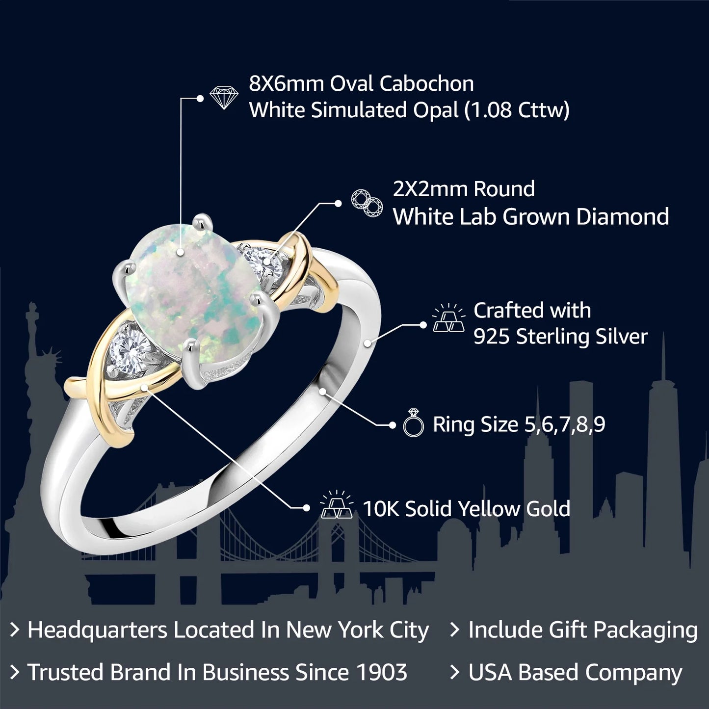 2 Tone 10K Yellow Gold and 925 Sterling Silver Oval Cabochon White Simulated Opal and Lab Grown Diamond Women Ring (1.08 Cttw, Available in Size 5,6,7,8,9)