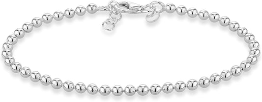 925 Sterling Silver Italian Handmade 3Mm Bead Ball Strand Chain Bracelet for Women Made in Italy