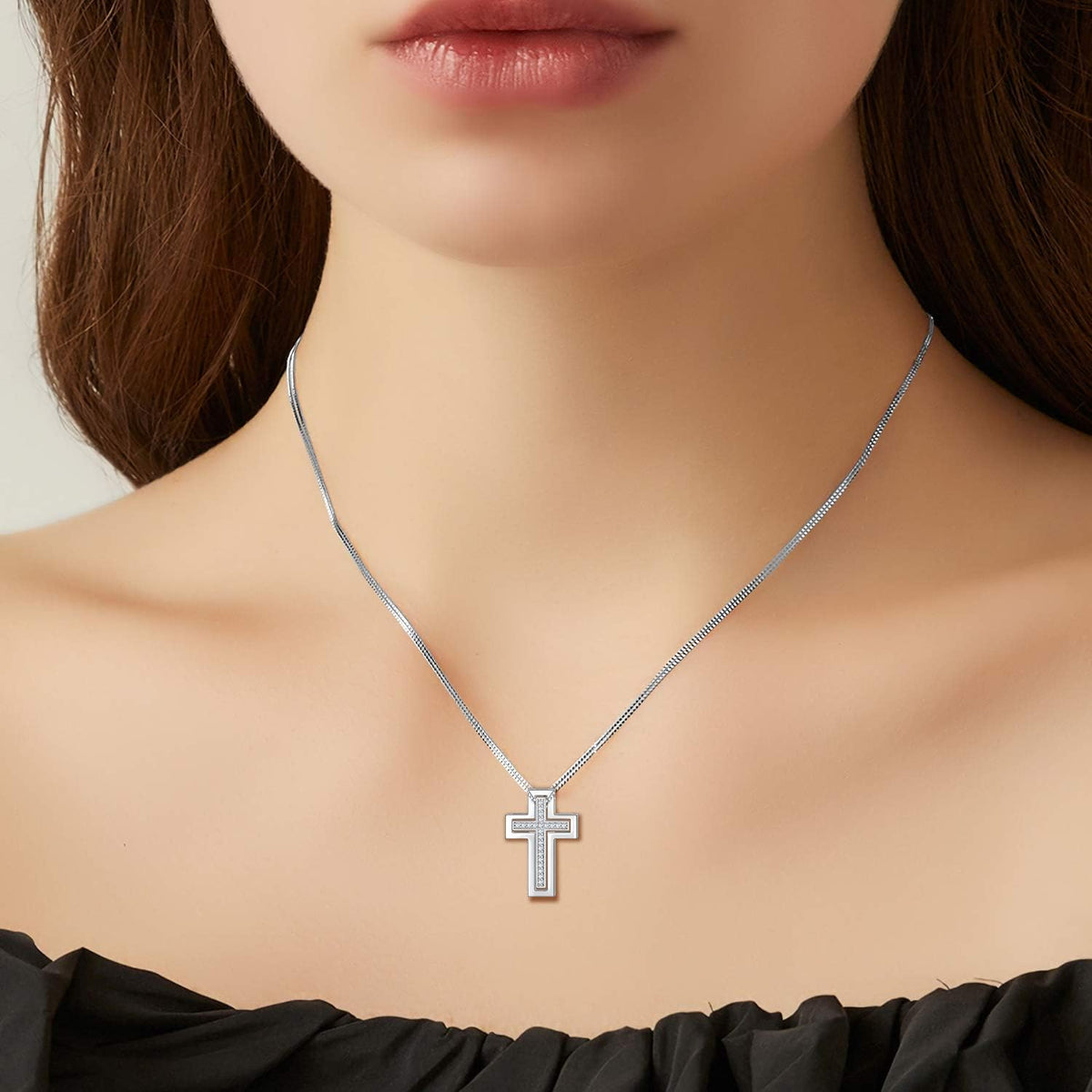925 Sterling Silver Matching Cross CZ Necklaces– Set of 2