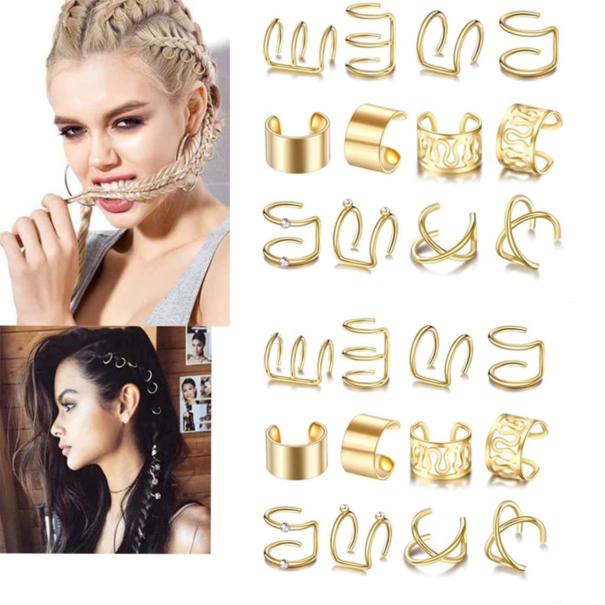 24 Pcs Gold Hair Braids Dreadlock, Non-Piercing Ear Clip Beard Beads Cuffs Clip Hair for Women Men Hair Accessories Styling Jewelry Tools
