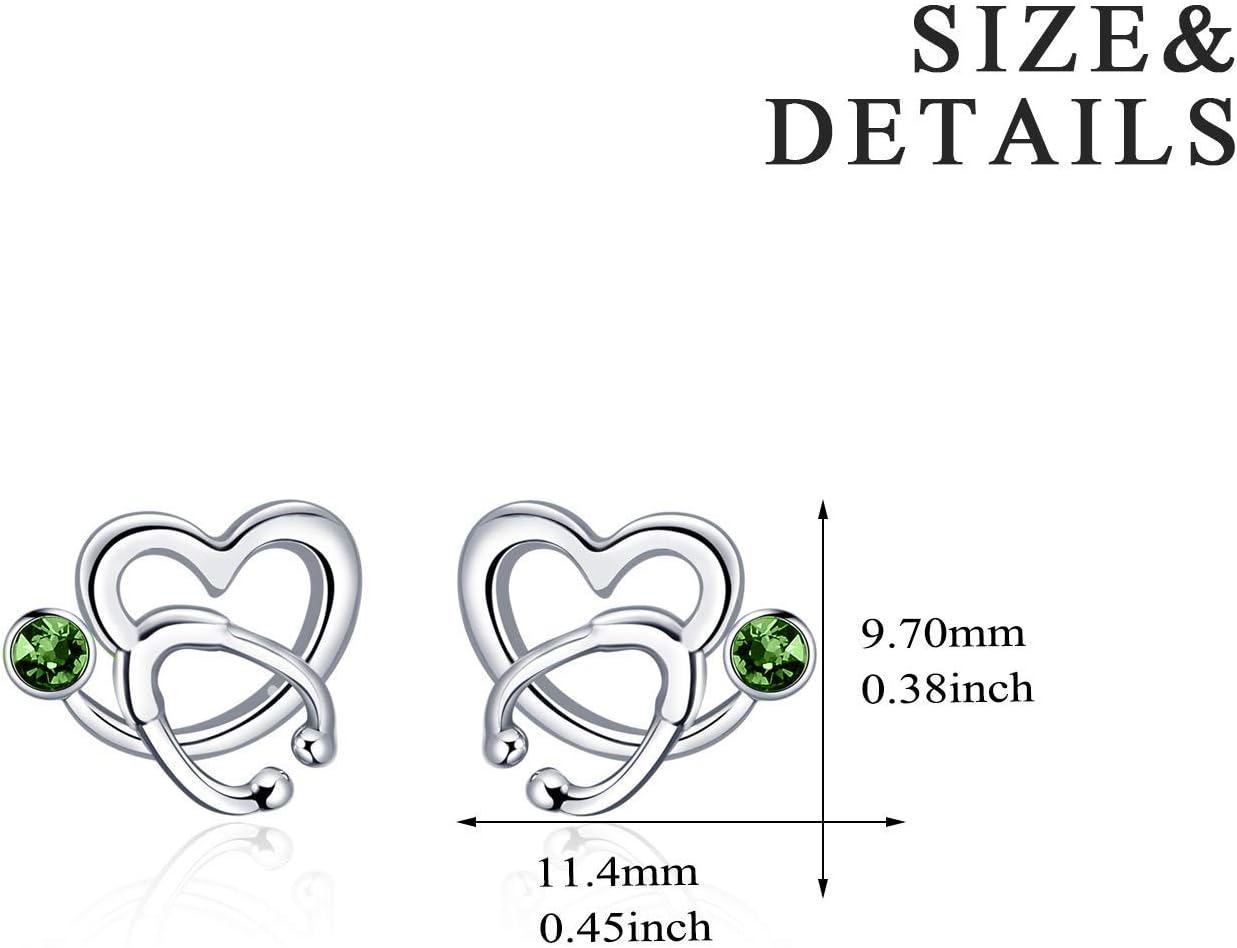 Nurse Earrings 925 Sterling Silver Stethoscope Studs Earrings Simulated 12 Months Birthstone Crystal from Austria, Graduation Jewelry Gifts for Nurse Doctor RN Medical Student