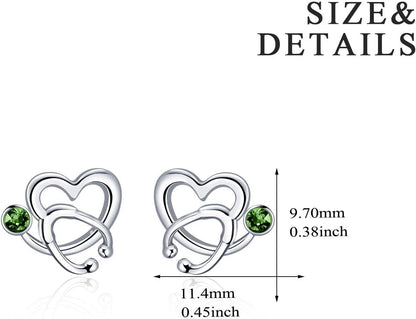 Nurse Earrings 925 Sterling Silver Stethoscope Studs Earrings Simulated 12 Months Birthstone Crystal from Austria, Graduation Jewelry Gifts for Nurse Doctor RN Medical Student
