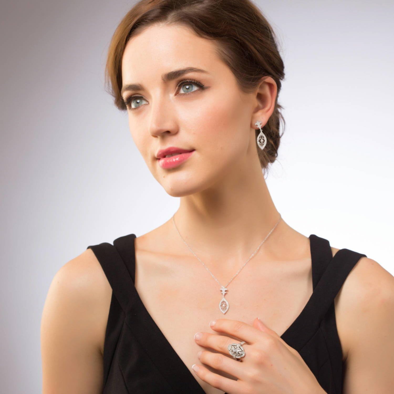 Sterling Silver CZ Navette Statement Cocktail Rings for Women, Art Deco Cubic Zirconia Ring