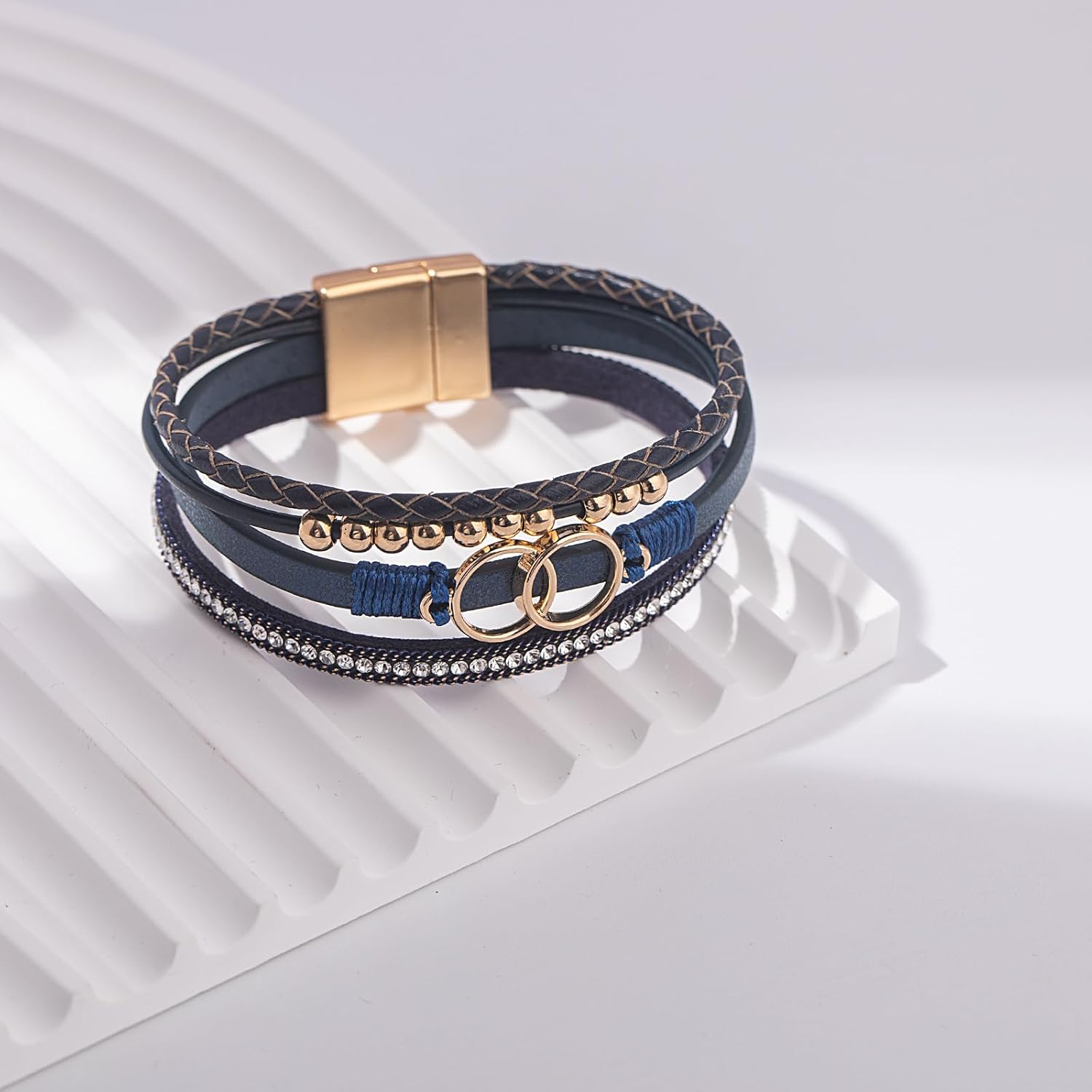 Boho Wrap Bracelets Leather Cuff Bangle Gold Beaded Bracelets for Women Stackable Infinity Bracelets Jewelry Gift Mom with Magnetic Clasp
